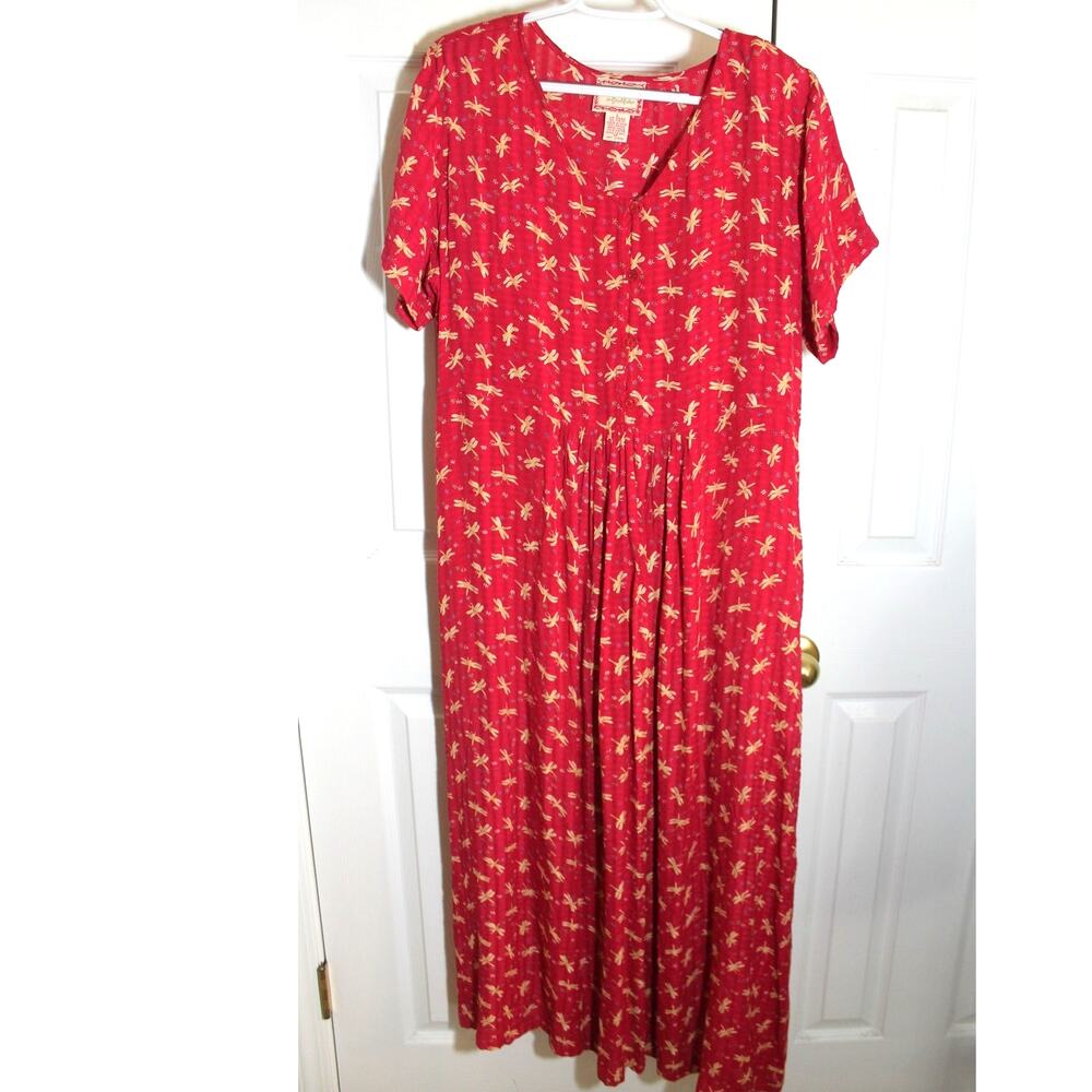 April Cornell Cornell Trading Vintage 90's Red Dragonfly Print Midi Dress sz L